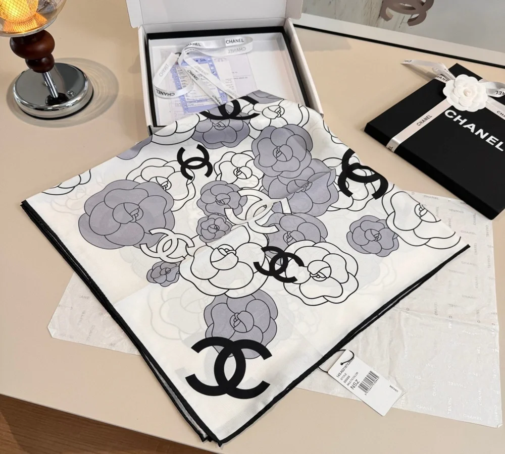 Chanel Camellia & CC Logo Silk Scarf